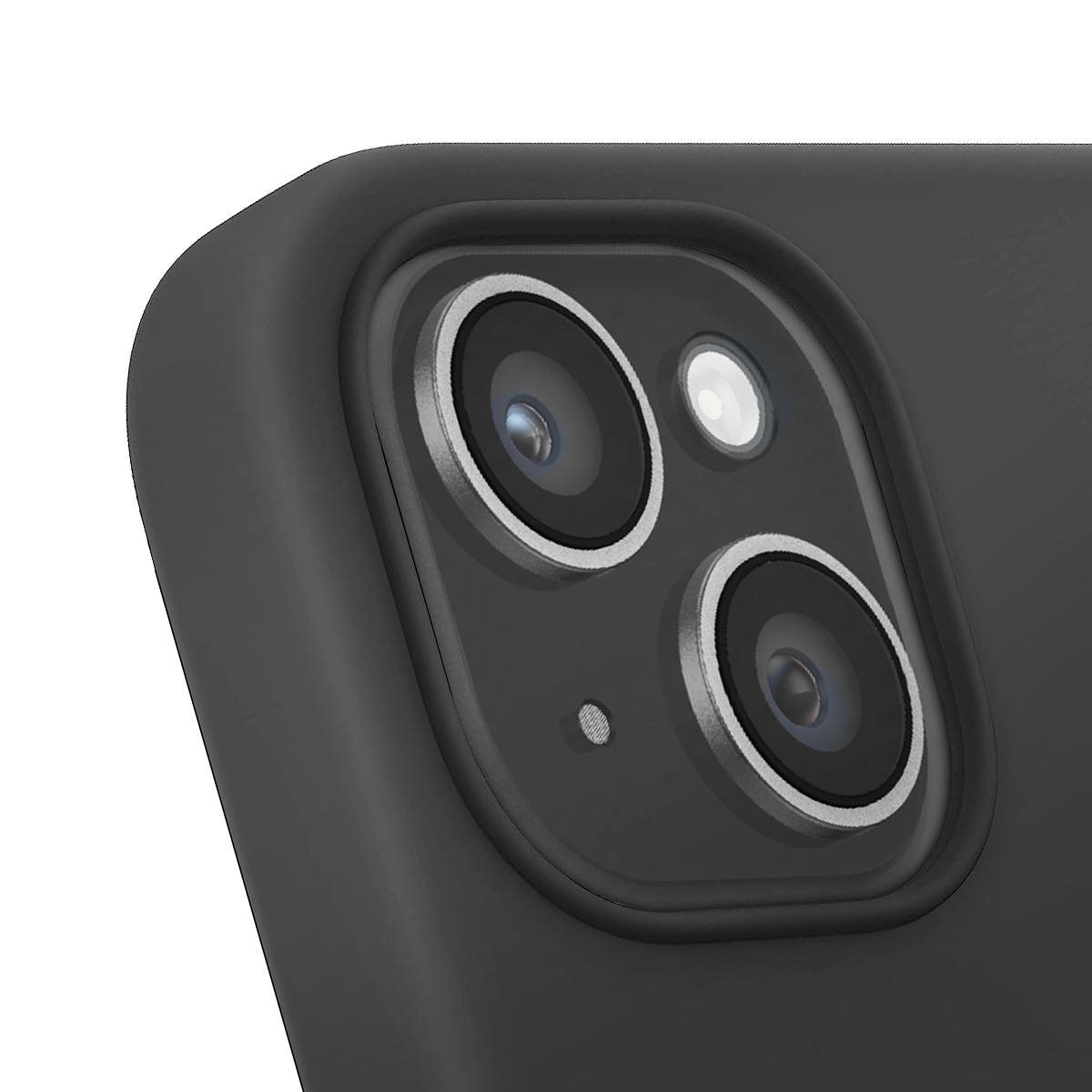 Primo piano del modulo fotocamera di uno smartphone nero. Sono visibili tre obiettivi, un flash e un piccolo microfono. È visibile anche la custodia del telefono.