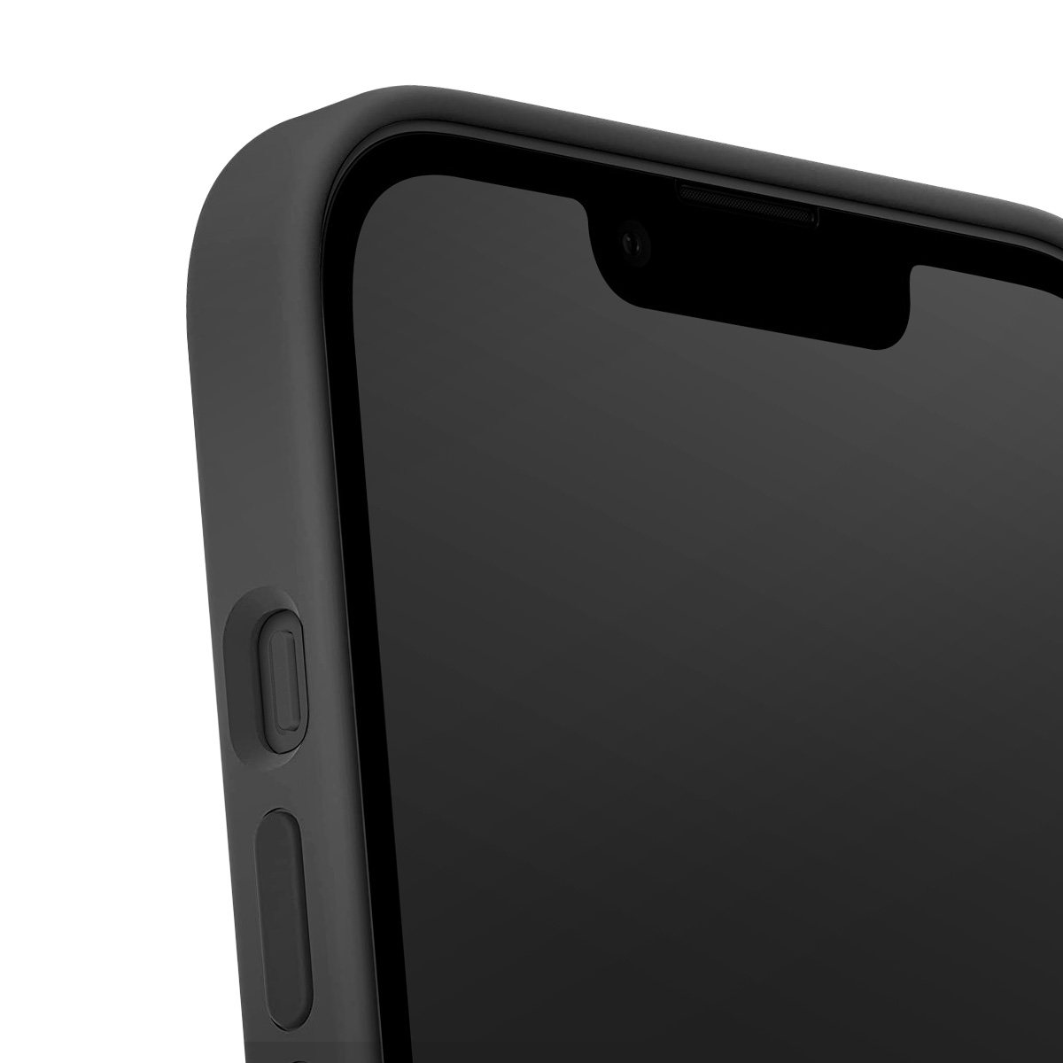 Primo piano di uno smartphone nero. Lo schermo è visibile, con fotocamera frontale e pulsanti laterali. Il telefono ha una custodia nera.