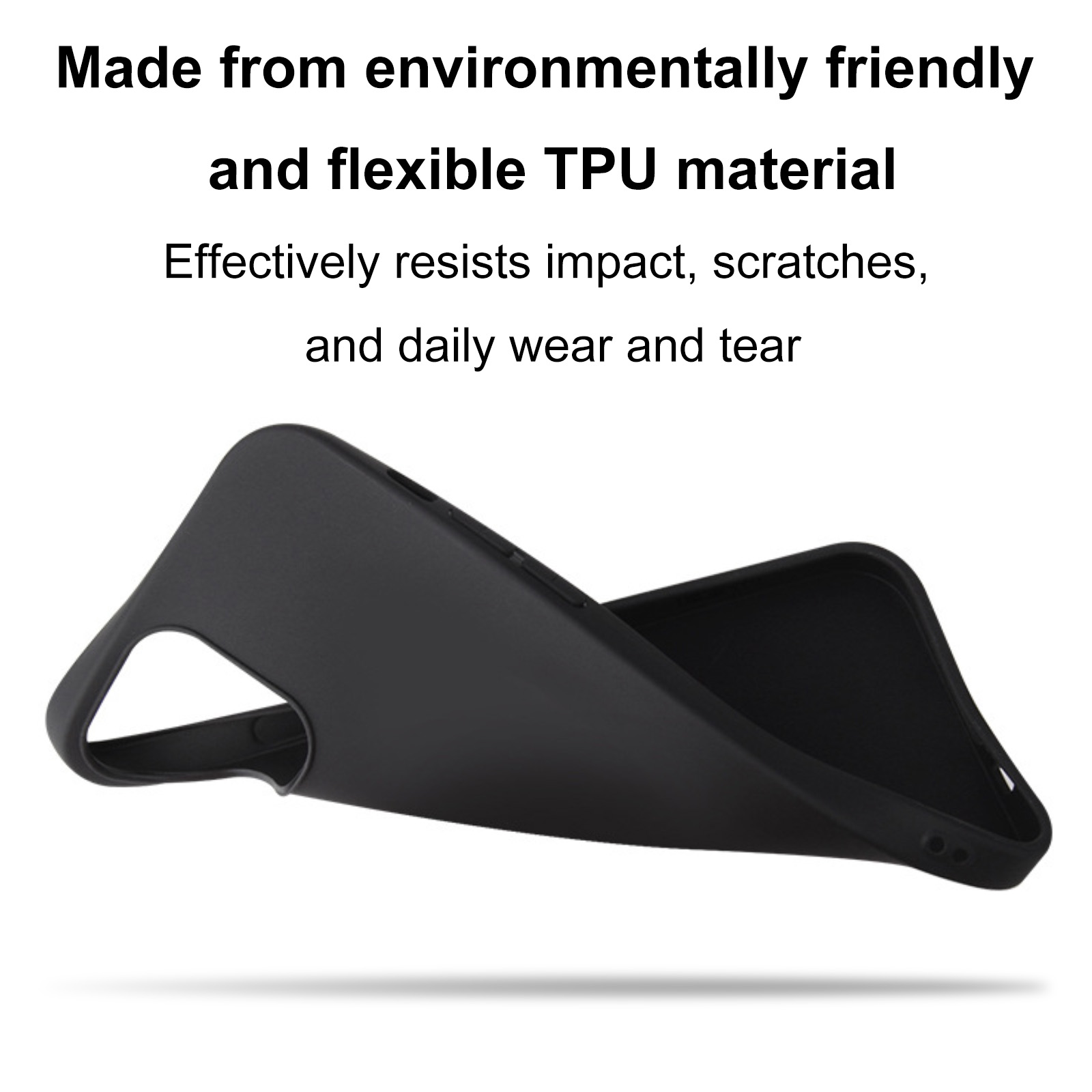 Eine schwarze Handyhülle aus flexiblem TPU-Material. Text beschreibt Umweltfreundlichkeit und Schlagfestigkeit.