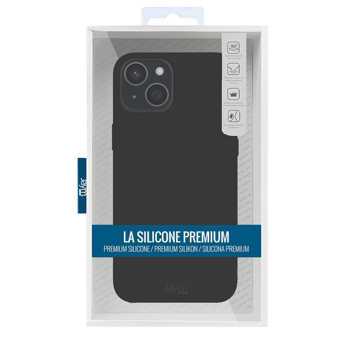 Una custodia per telefono nera in una confezione trasparente. La custodia ha un ritaglio per la fotocamera e le parole 'LA SILICONE PREMIUM' sono visibili.