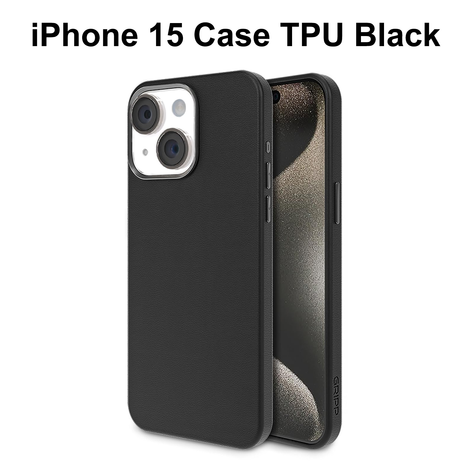 Schwarze iPhone 15 Hülle mit Telefon. Hülle hat Kameraausschnitt. Weißer Hintergrund.