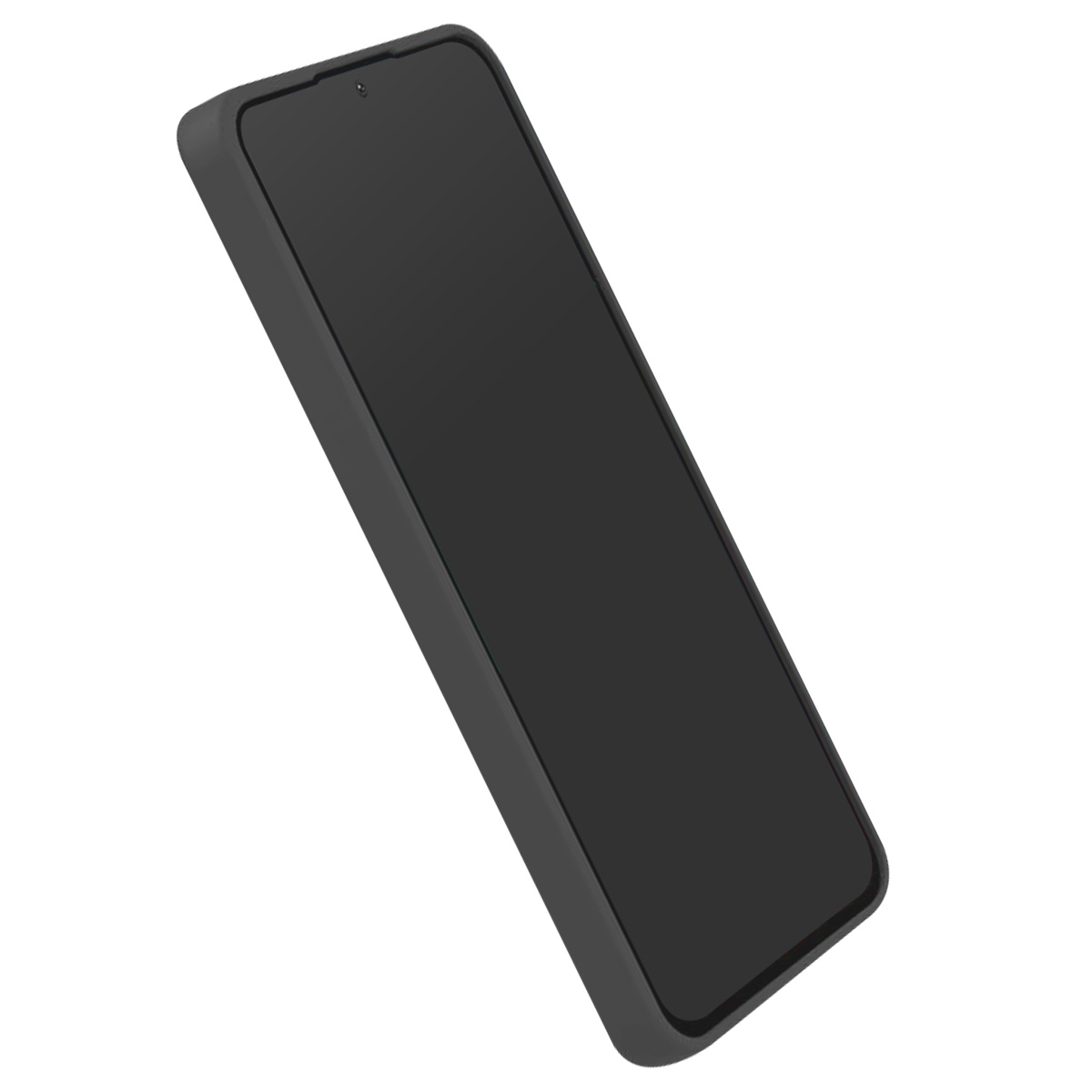 Uno smartphone nero in una custodia nera è leggermente angolato. Lo schermo è scuro. Lo sfondo è bianco.