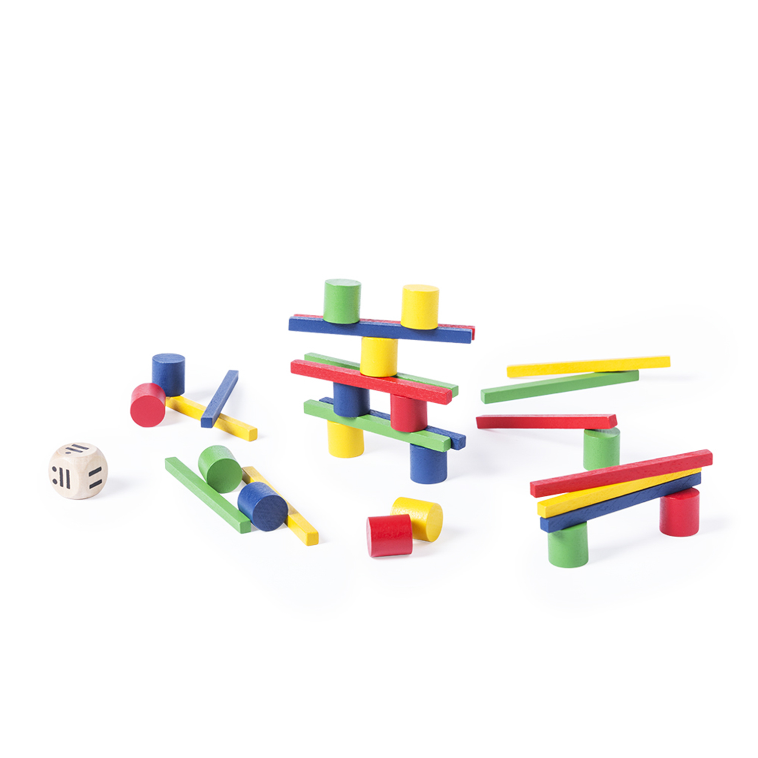 Blocchi e cilindri di legno di vari colori. Un dado è visibile. Alcuni blocchi sono disposti in strutture su sfondo bianco.
