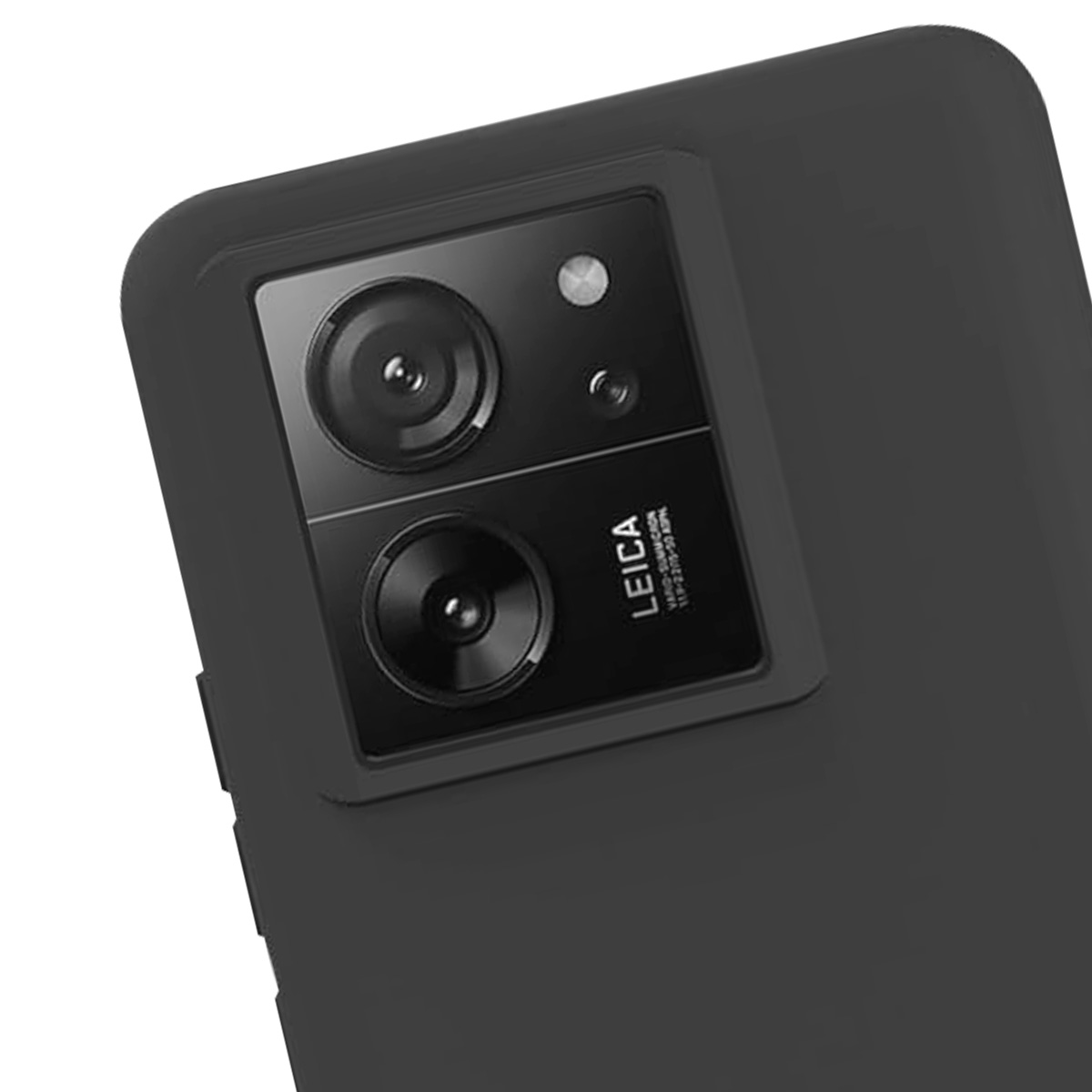 Primo piano del modulo fotocamera nero di uno smartphone con due obiettivi e il marchio Leica. Anche la parte posteriore del telefono è nera.