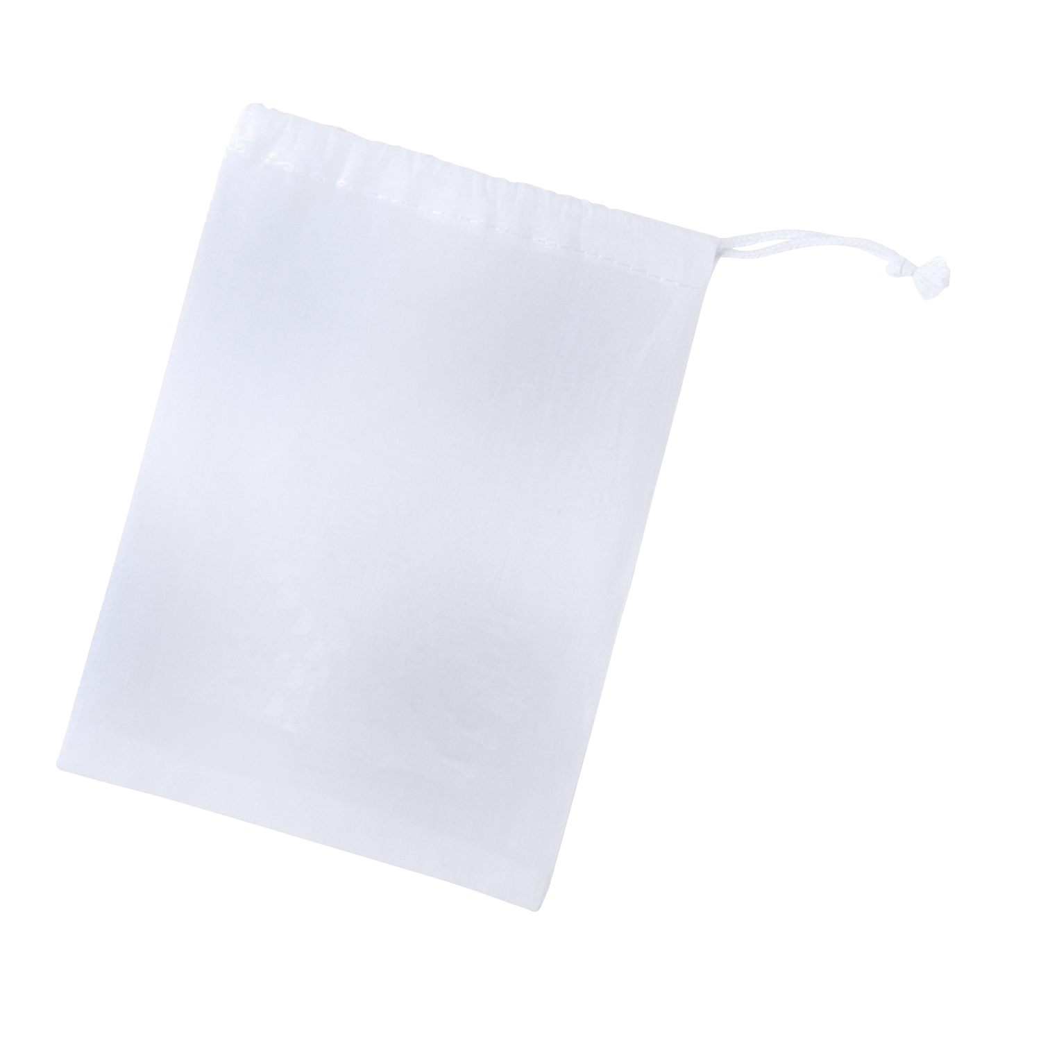 Un sacchetto bianco con coulisse su sfondo bianco. Il sacchetto è leggermente angolato. Il cordoncino è visibile e legato.