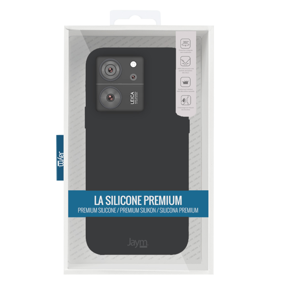 Una custodia per telefono in una confezione trasparente. La custodia è nera con il marchio Leica visibile. Testo: 'LA SILICONE PREMIUM' e 'Jaym'.