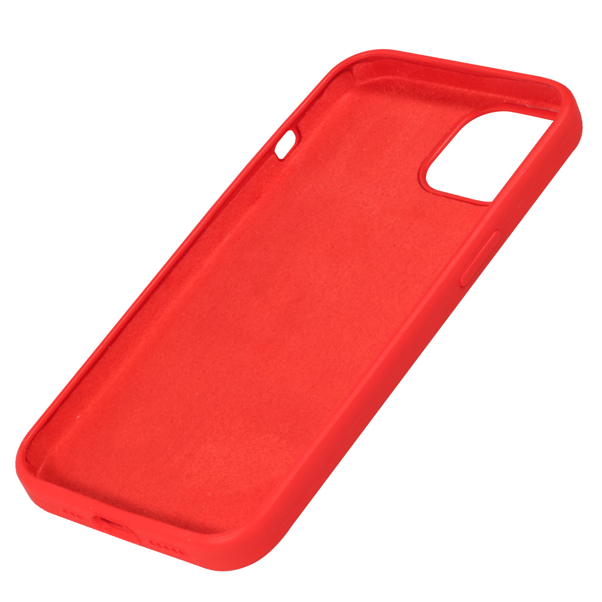 Una custodia rossa per telefono, vista in prospettiva. Ha aperture per la fotocamera e i pulsanti laterali, con finitura liscia e opaca.