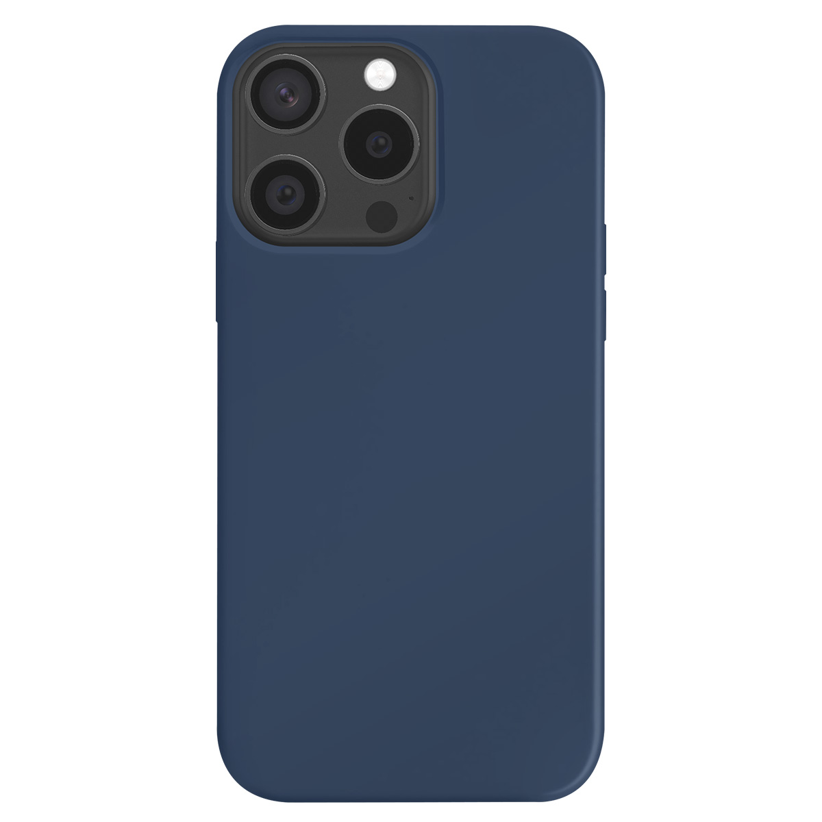 Una custodia per telefono blu navy con un modulo fotocamera con tre lenti e un flash. La custodia ha bordi arrotondati.