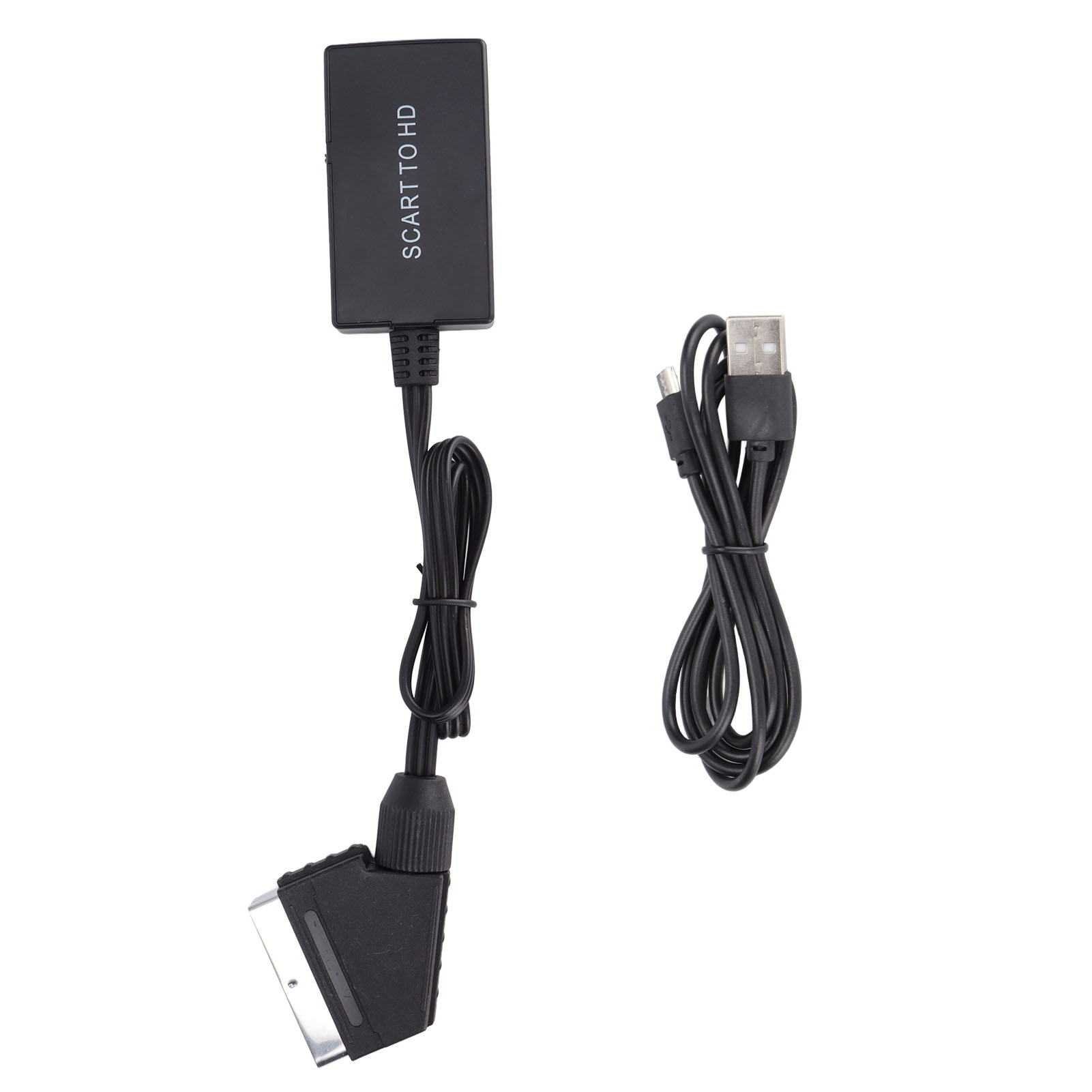 Schwarzer SCART-zu-HDMI-Adapter mit Kabel und separatem USB-Kabel, vor weißem Hintergrund.