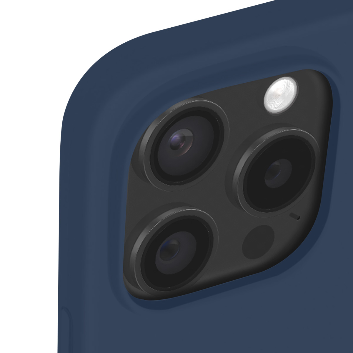Primo piano di una custodia per telefono blu navy con tre obiettivi e un flash. Sfondo bianco a sinistra.