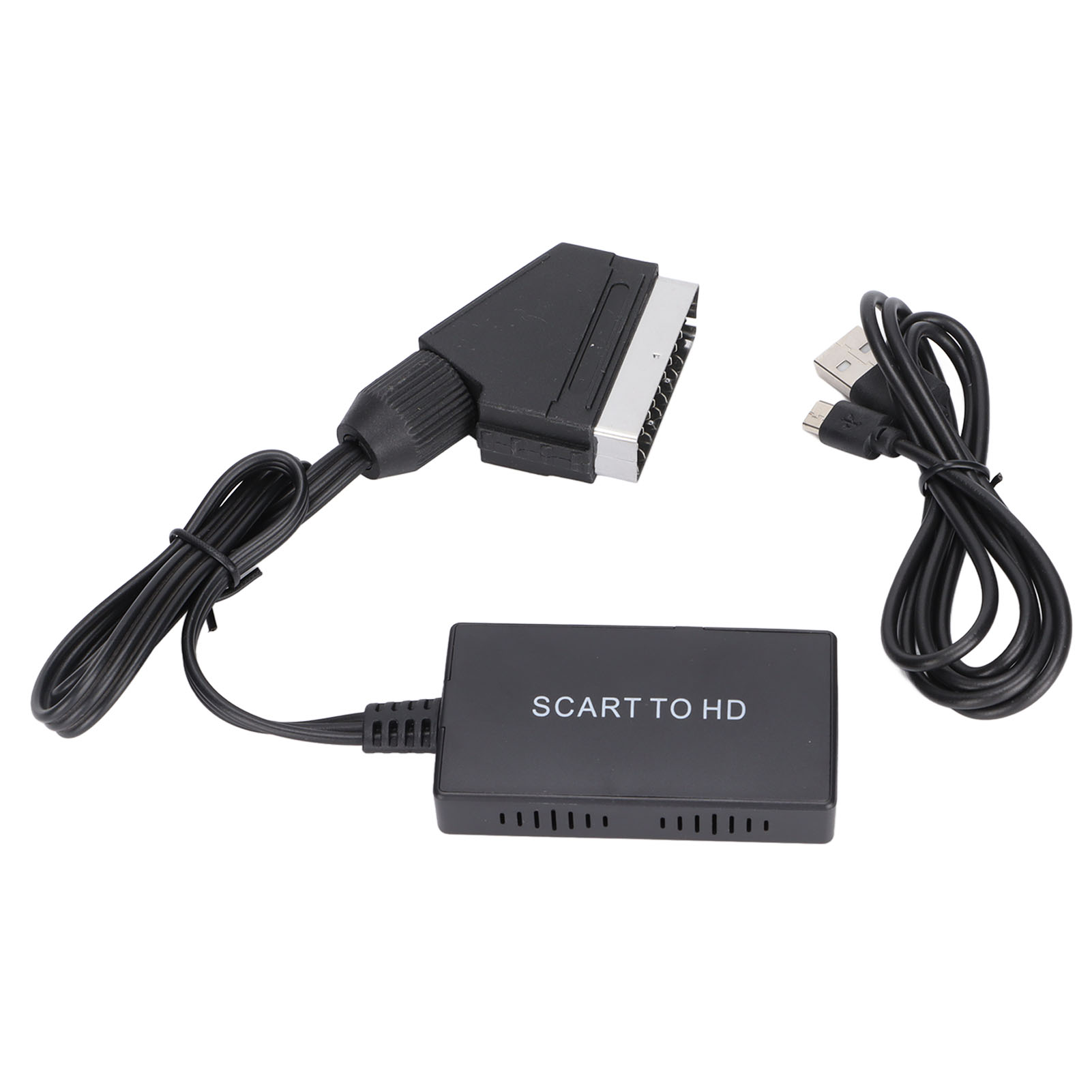 SCART-zu-HD-Konverter mit Kabeln. Enthält einen SCART-Anschluss, ein USB-Kabel und eine Konverterbox.