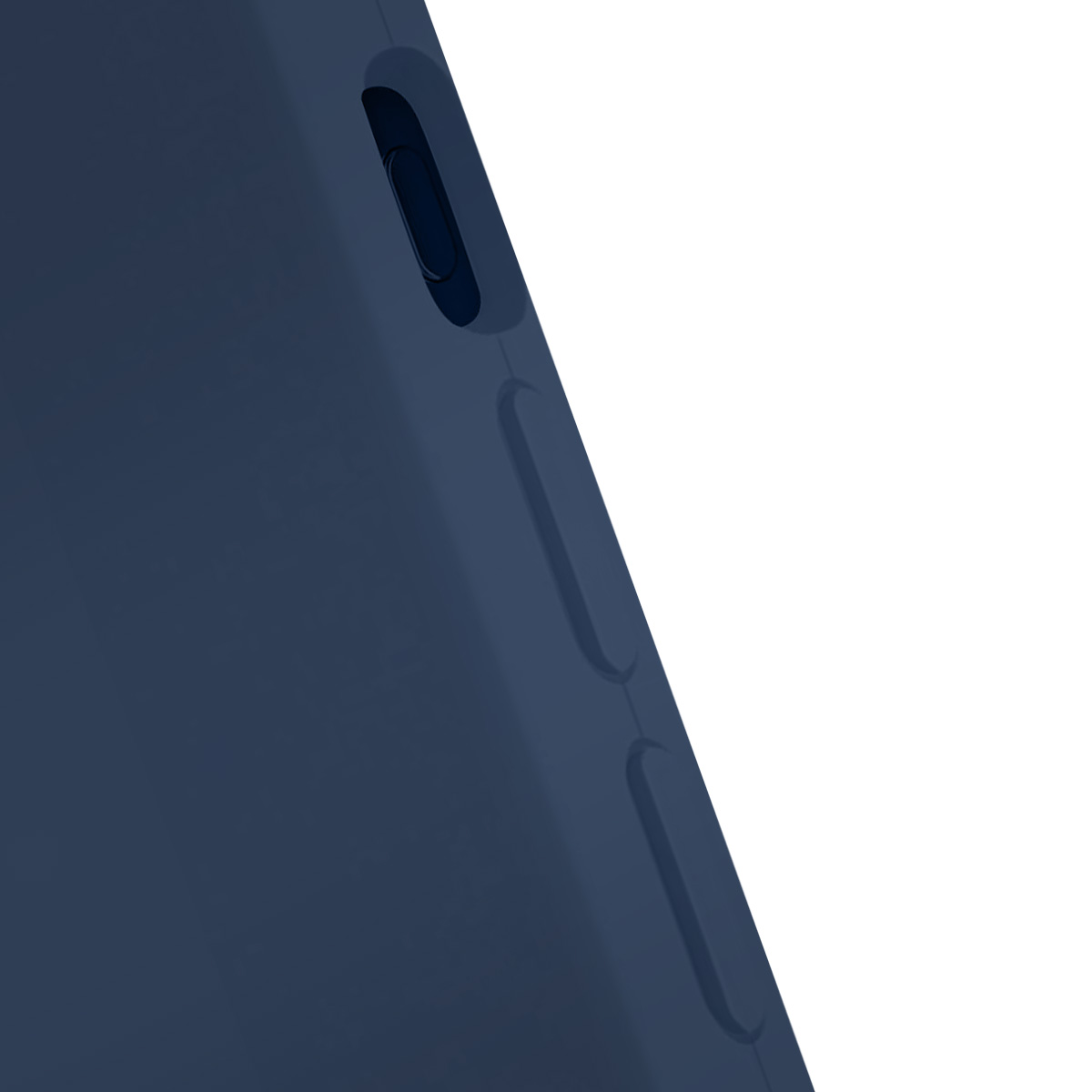 Primo piano del bordo di un dispositivo blu navy. Presenta un pulsante e tre sezioni allungate in rilievo. Lo sfondo è bianco brillante.
