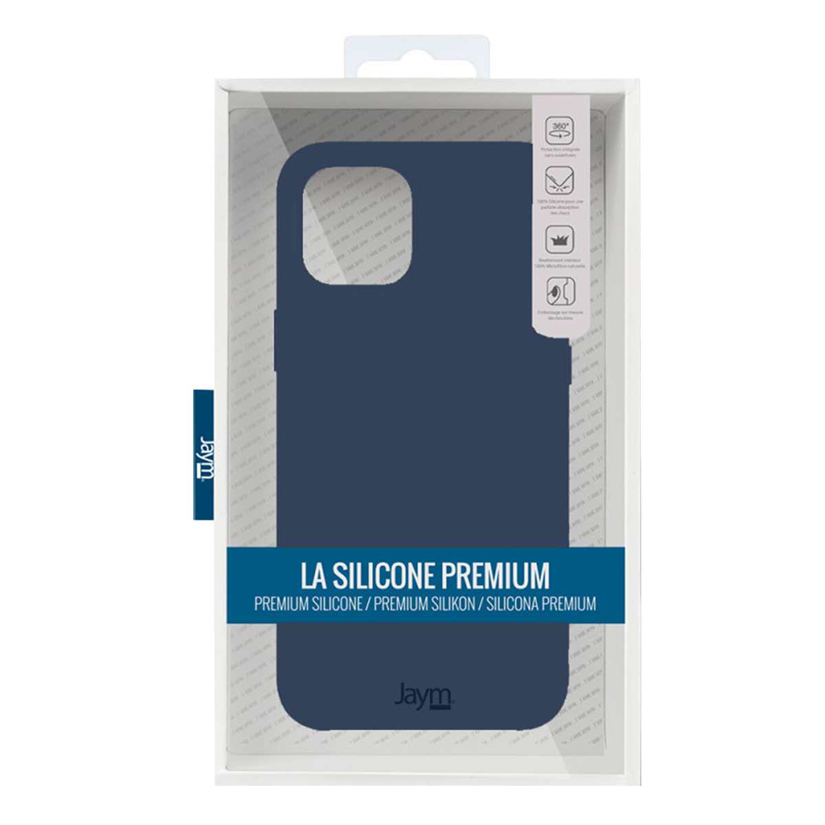 Una custodia per telefono blu navy in una scatola trasparente. Il testo recita 'La Silicone Premium'. La custodia è etichettata con 'Jaym'.
