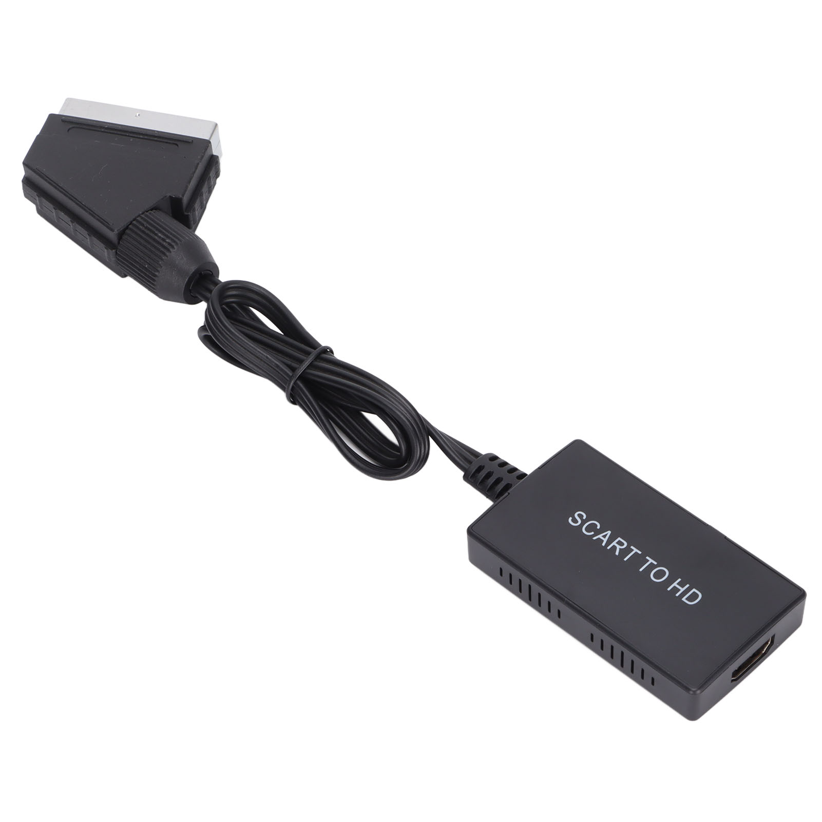 SCART-zu-HD-Adapter. Schwarzer SCART-Anschluss, schwarzes Kabel und eine schwarze Box mit der Aufschrift 'SCART TO HD' und einem HDMI-Anschluss.