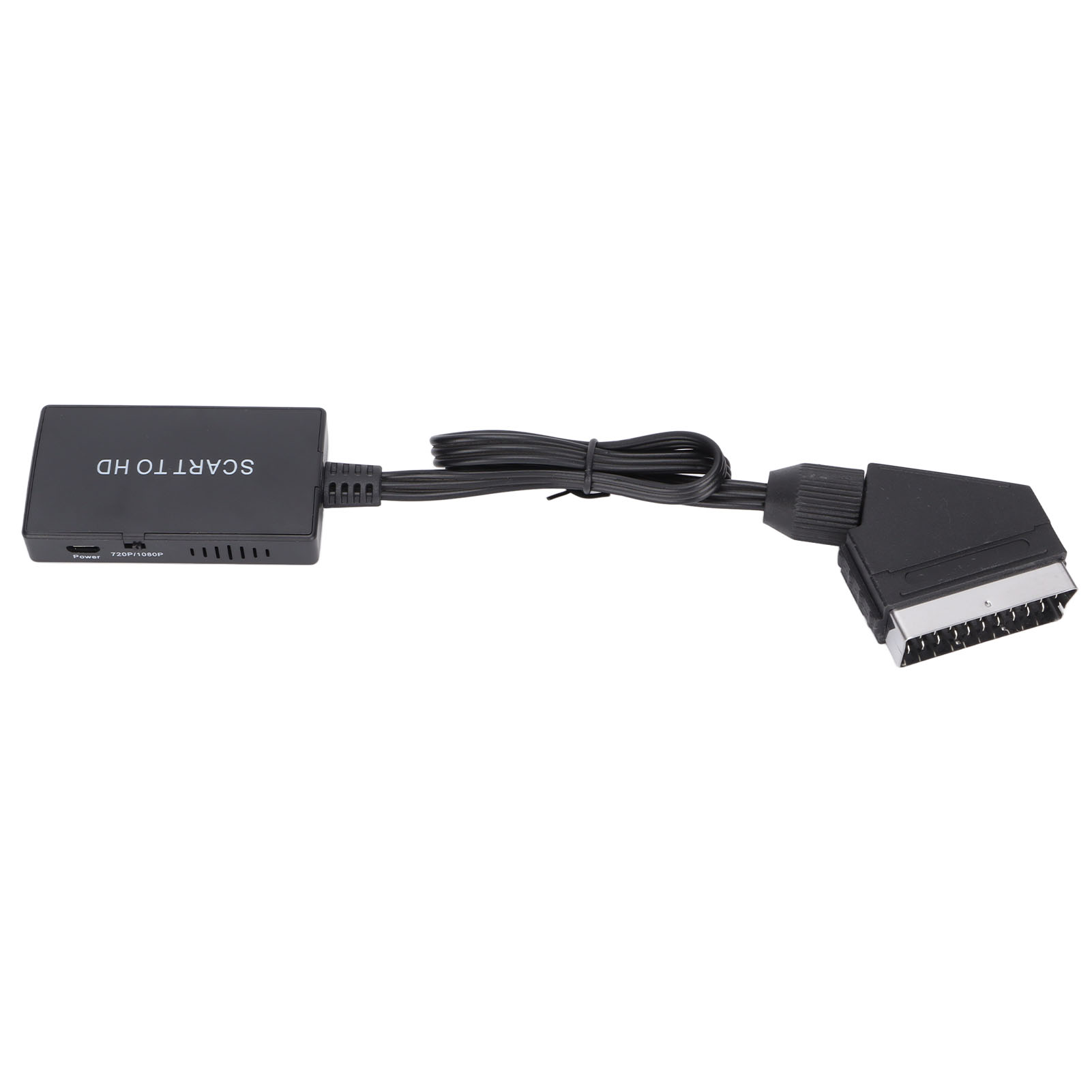 Ein schwarzer SCART-zu-HD-Konverter mit SCART-Anschluss und Betriebsanzeige. Das Gerät befindet sich auf weißem Hintergrund.
