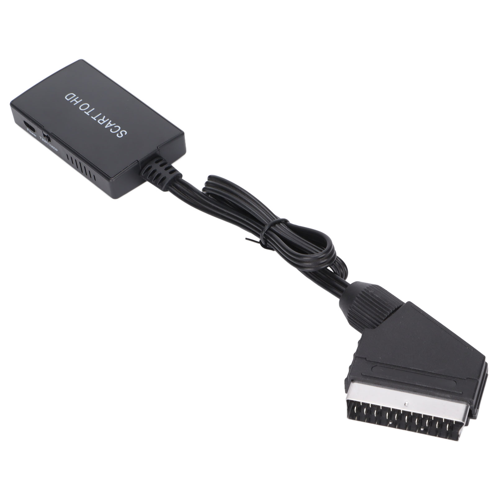 Schwarzer SCART-zu-HD-Adapter mit Kabel und SCART-Anschluss. Der Adapter befindet sich auf weißem Hintergrund.