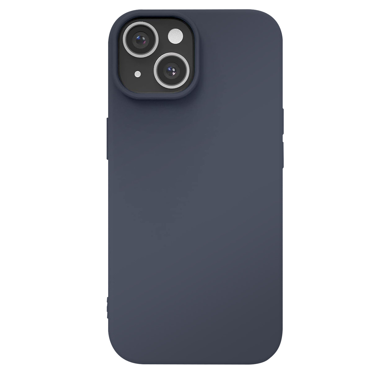 Una custodia per telefono blu navy con un modulo fotocamera con tre lenti e un flash. La custodia è su sfondo bianco.