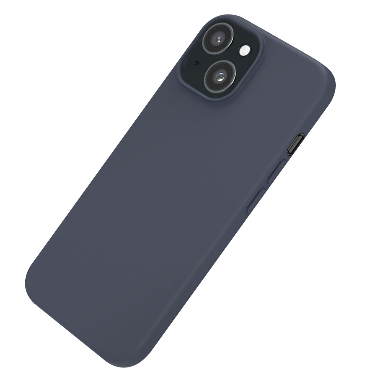 Una custodia per telefono blu scuro con modulo fotocamera su sfondo bianco, angolata diagonalmente. La custodia ha pulsanti del volume e un pulsante di accensione.