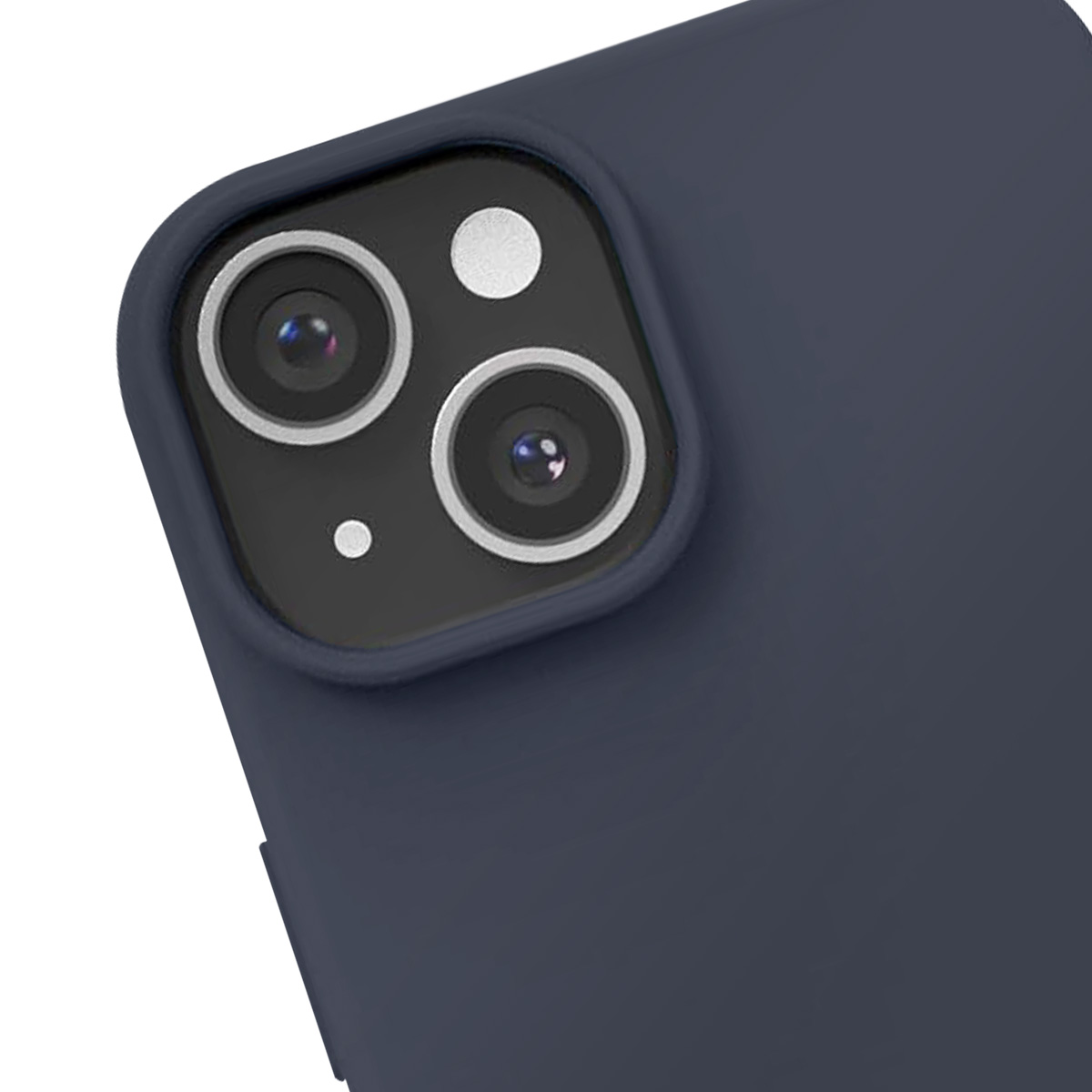 Primo piano di una custodia per telefono blu scuro con un modulo fotocamera a tripla lente. Le lenti sono circondate da una cornice nera.