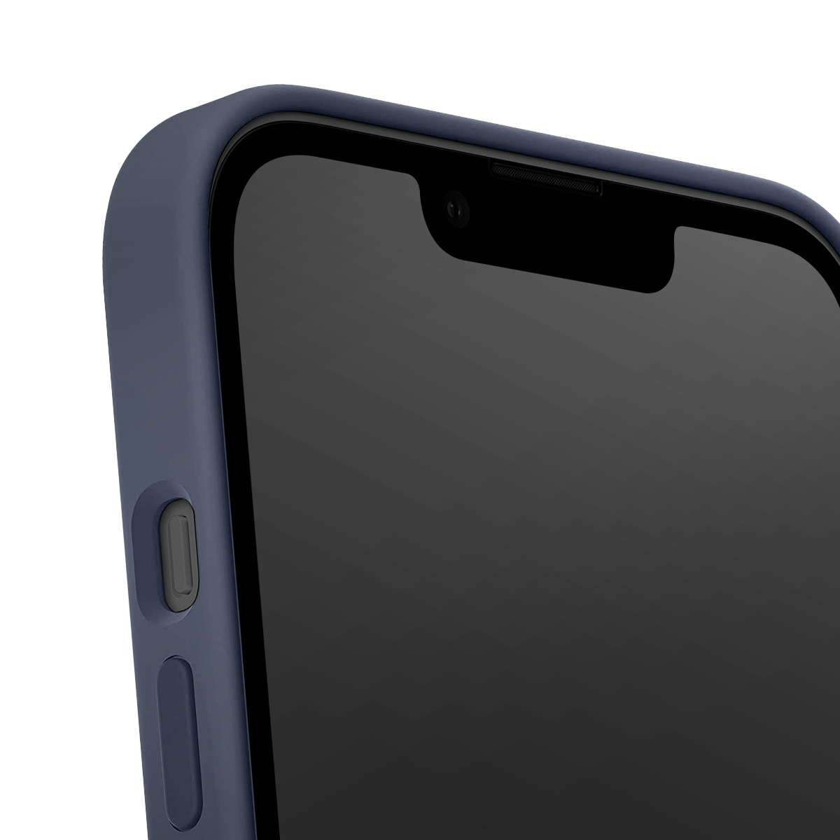 Primo piano di un telefono blu scuro in una custodia. Lo schermo è nero. Fotocamera e pulsanti visibili. Sfondo bianco.
