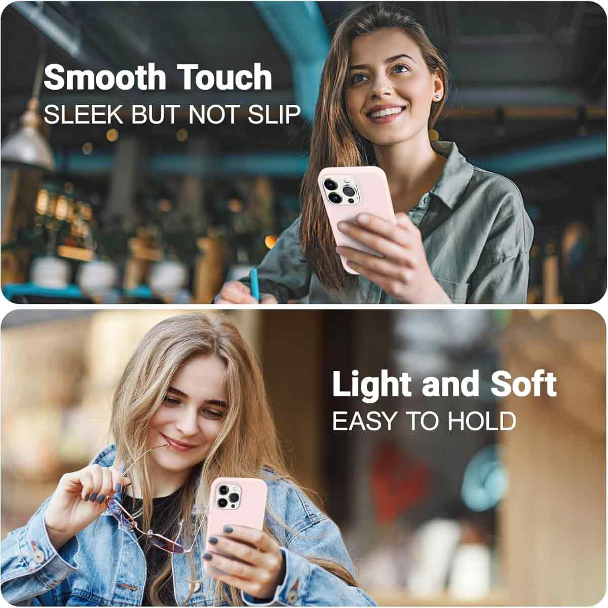 Zwei Frauen halten rosa Handyhüllen. Eine lächelt, während sie einen Stift hält, die andere hält eine Brille und lächelt. Text sagt 'Smooth Touch'.