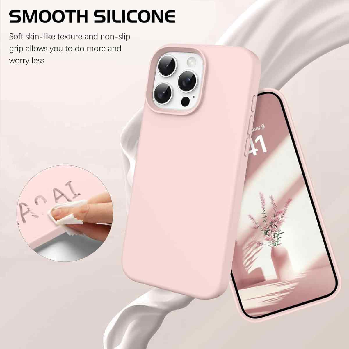 Rosa Handyhülle mit Telefon rechts. Eine Hand reinigt eine Oberfläche mit den Buchstaben AAI. Text SMOOTH SILICONE oben.