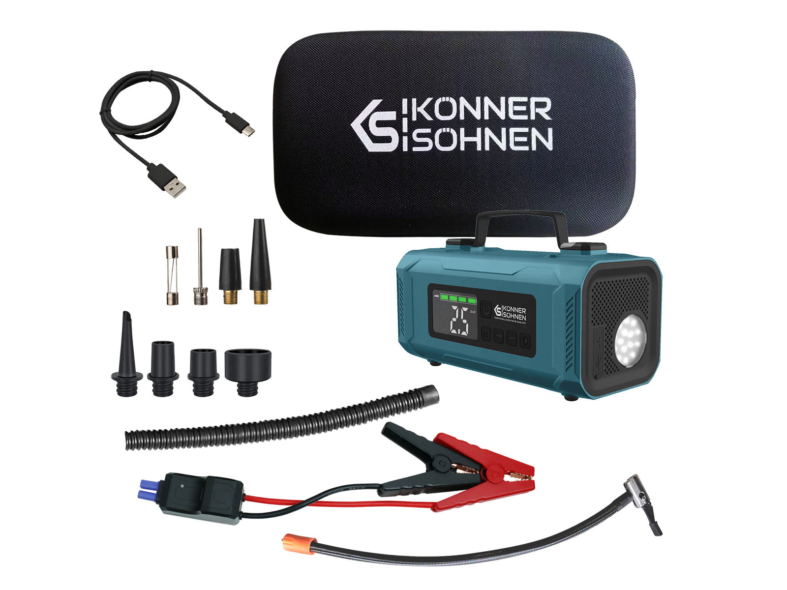 Een turquoise Konner & Sohnen luchtcompressor met accessoires. Inclusief een hoes, sproeiers, een slang, een USB-kabel en startkabels.