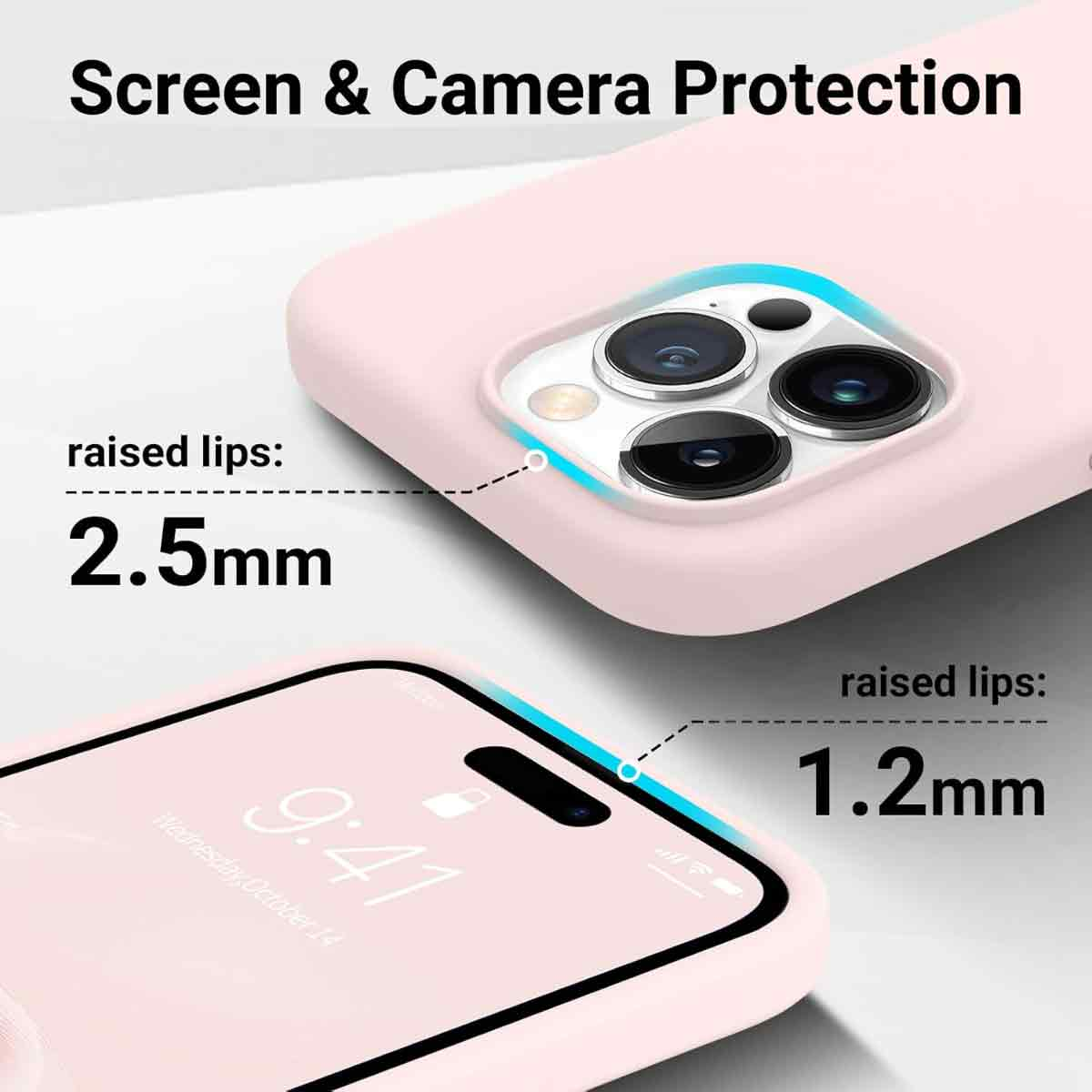 Eine rosa Handyhülle mit erhöhten Rändern für Bildschirm- und Kameraschutz. Zeigt 2,5 mm und 1,2 mm Messungen. Ein Telefonbildschirm ist sichtbar.