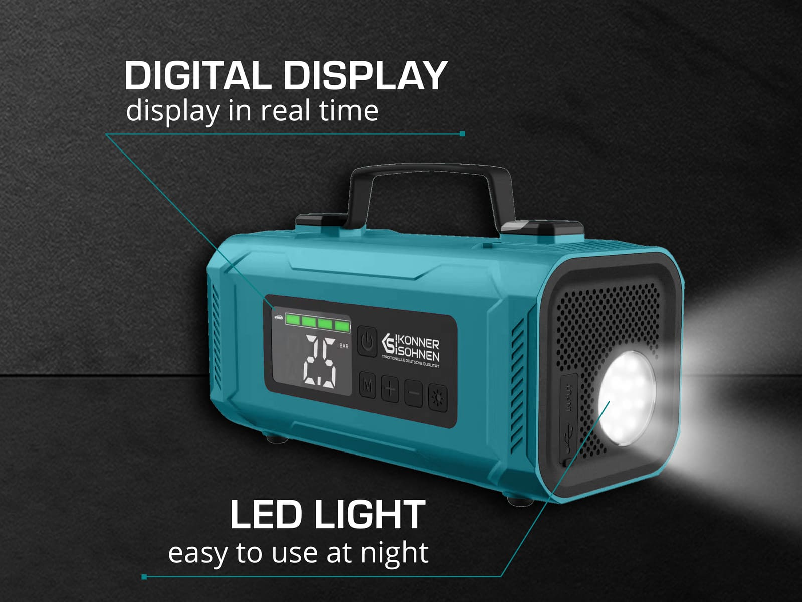 Een turquoise draagbare generator met digitale display (25) en LED-licht. Tekst: 'DIGITAL DISPLAY' en 'LED LIGHT'.