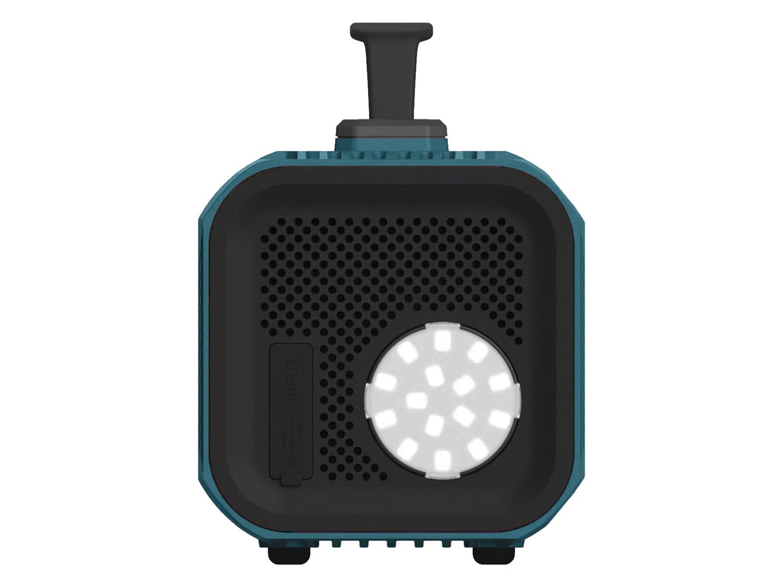 Een blauwgroene en zwarte draagbare luidspreker met een handvat. Het heeft een luidsprekerrooster, LED-verlichting en een ingangspoort.