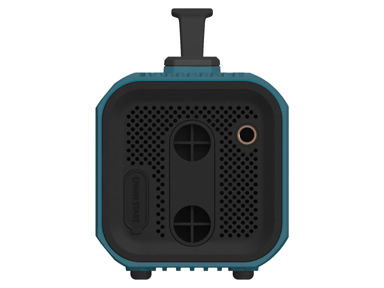 Een turquoise en zwart rechthoekig apparaat met een handvat. Het heeft ventilatieopeningen, een aan/uit-knop en een poort. De achtergrond is wit.