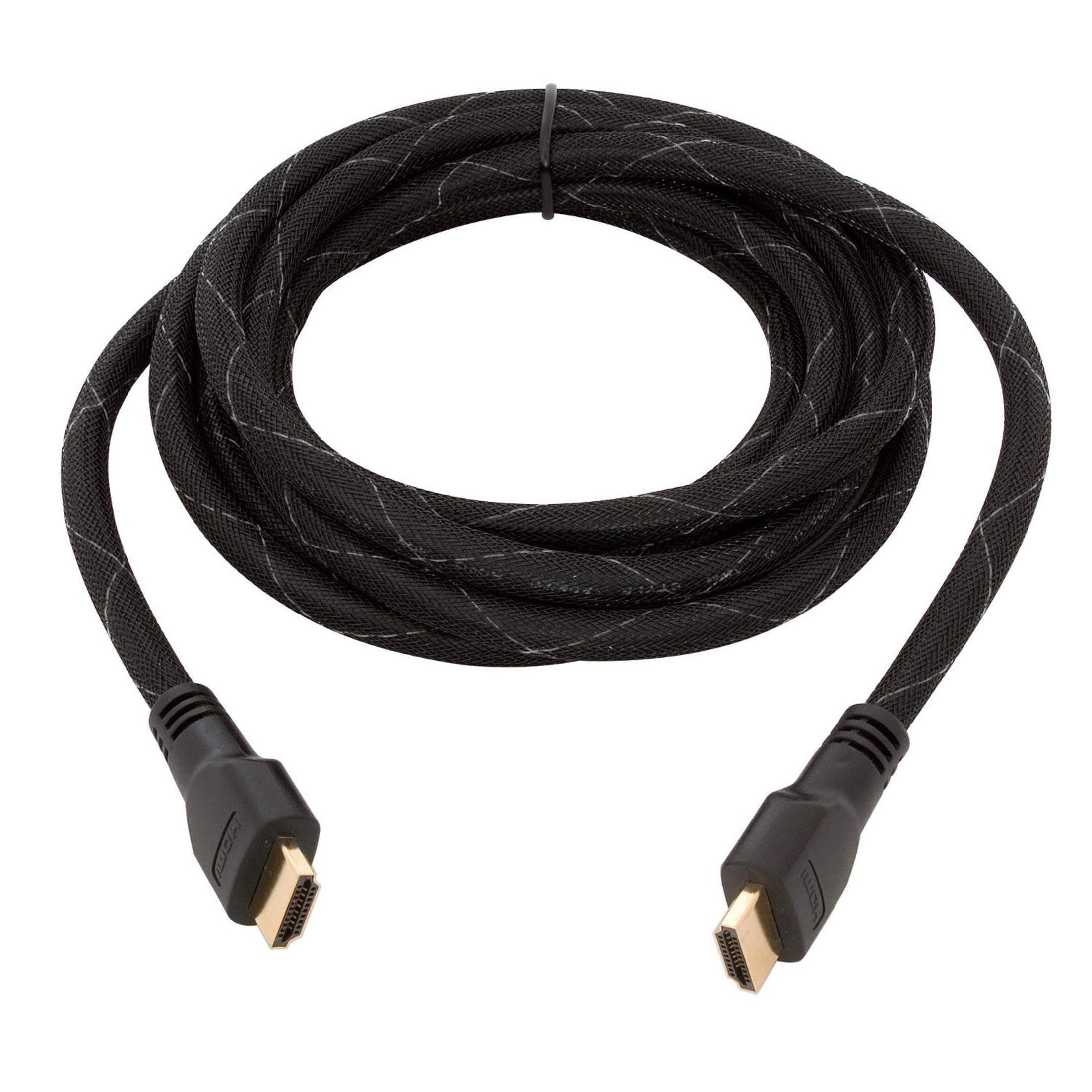 Ein schwarzes HDMI-Kabel mit goldenen Steckern ist aufgerollt. Das Kabel hat eine strukturierte Oberfläche mit weißen Akzenten vor weißem Hintergrund.