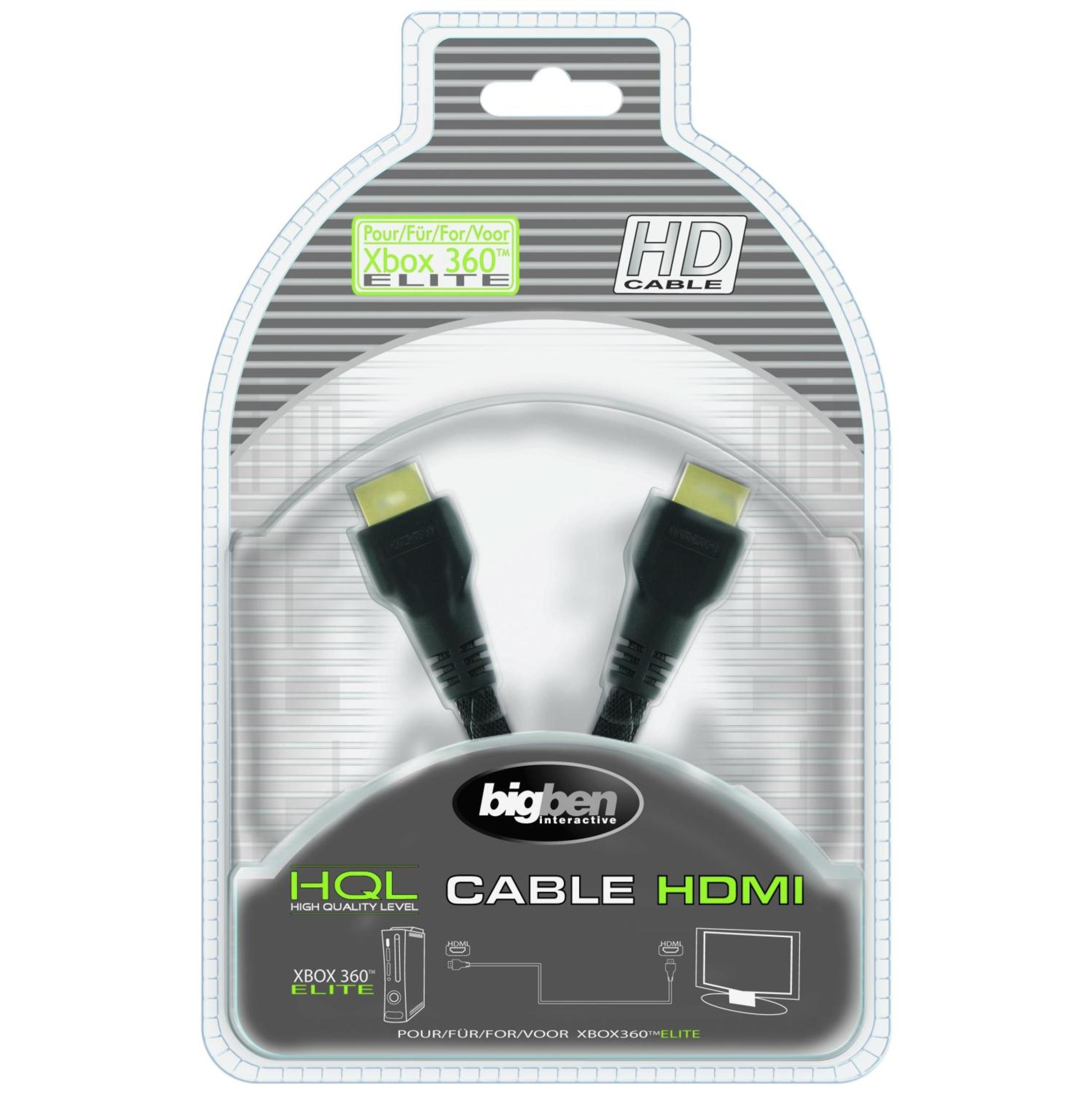 HDMI-Kabel für Xbox 360 Elite, in einer Verpackung. Schwarzes Kabel mit goldenen Steckern, die Verpackung hat den Markennamen bigben.