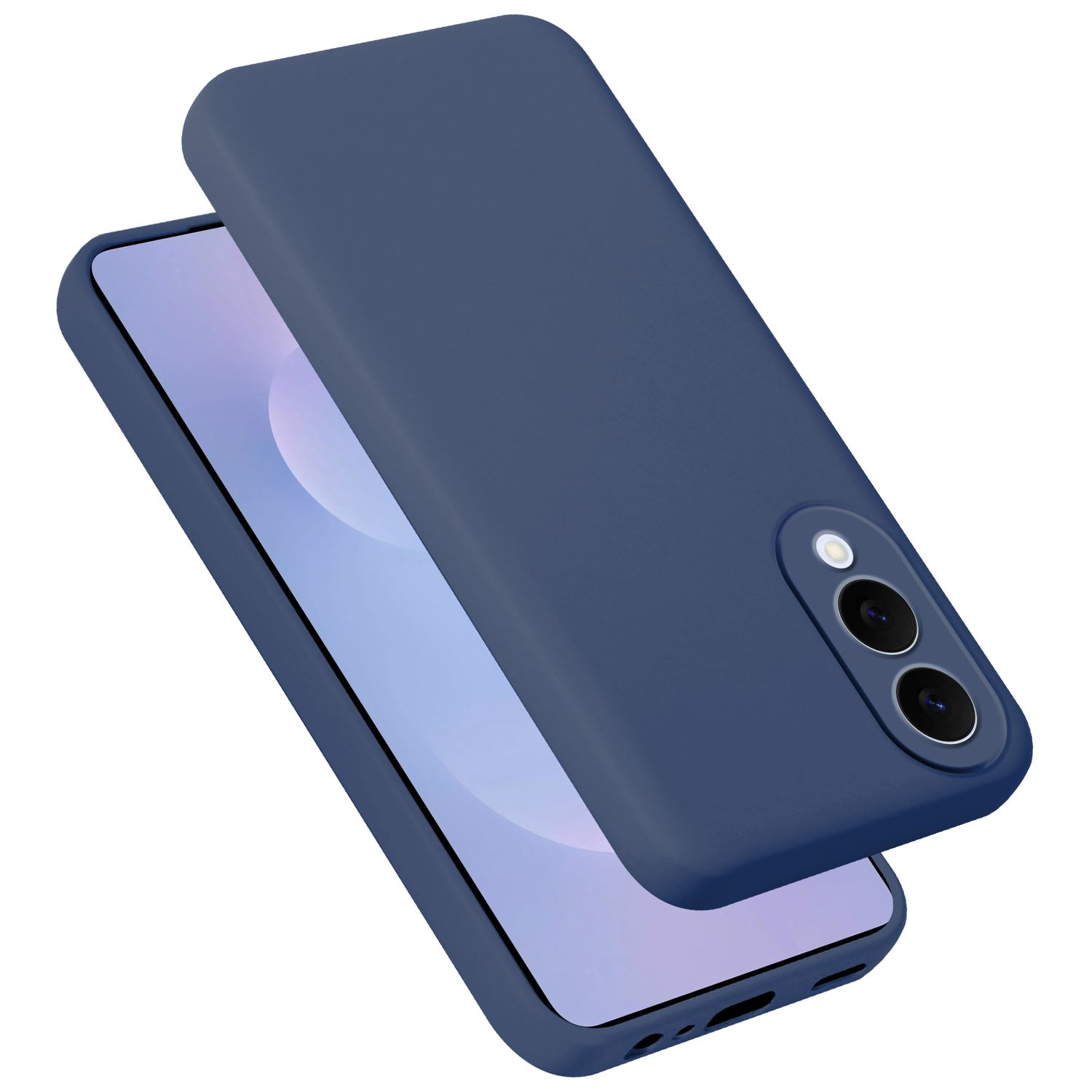 Eine marineblaue Handyhülle mit passendem Telefon im Inneren. Die Hülle ist leicht geöffnet und zeigt den Bildschirm und die Kamera des Telefons.