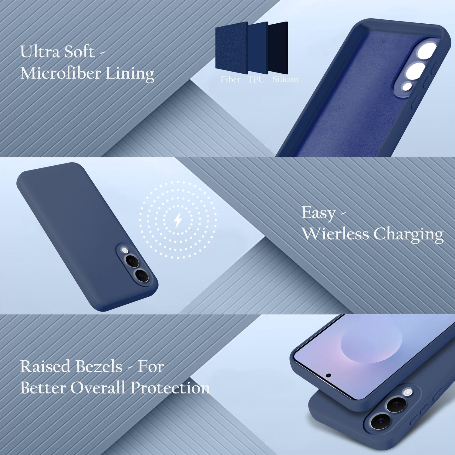 Das Bild zeigt eine blaue Handyhülle mit Funktionen: Mikrofaserfutter, kabelloses Laden und erhöhte Einfassungen für Schutz. Materialschichten werden gezeigt.