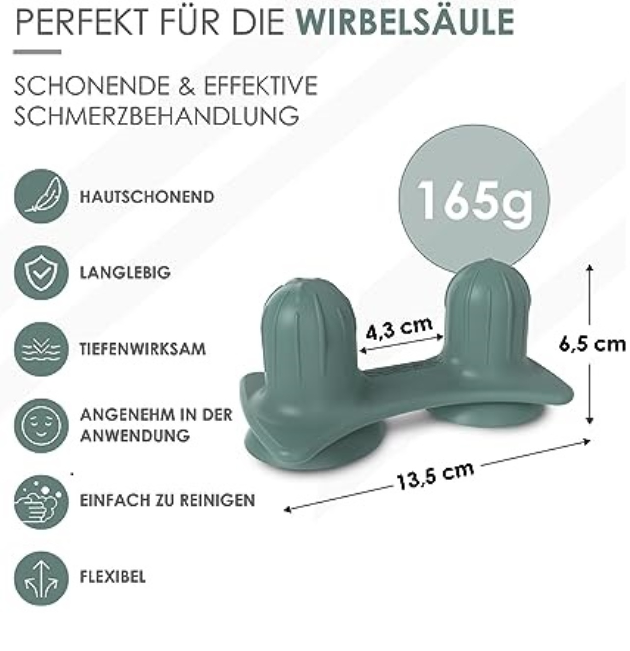 Grüner Wirbelsäulenmassager mit Maßangaben. Textdetails zu Funktionen, Gewicht und Vorteilen. Hintergrund ist weiß.