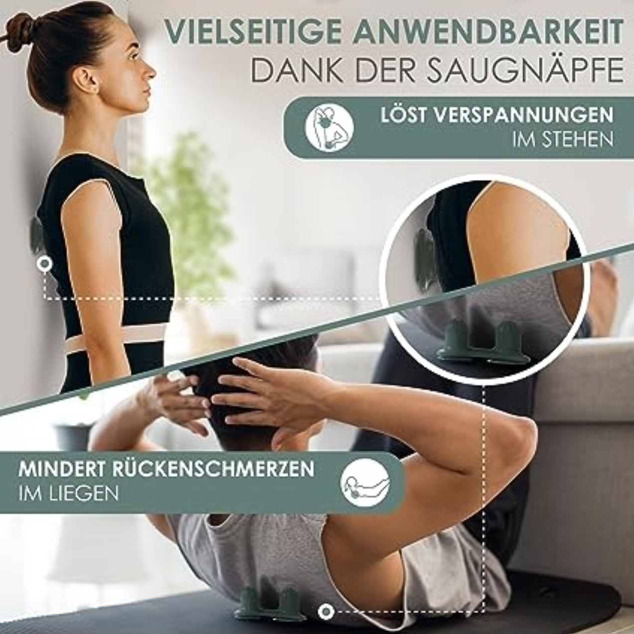 Frau und Mann benutzen Rückenschmerz-Hilfsmittel. Text erwähnt Anwendungen im Stehen und Liegen mit Saugnäpfen.