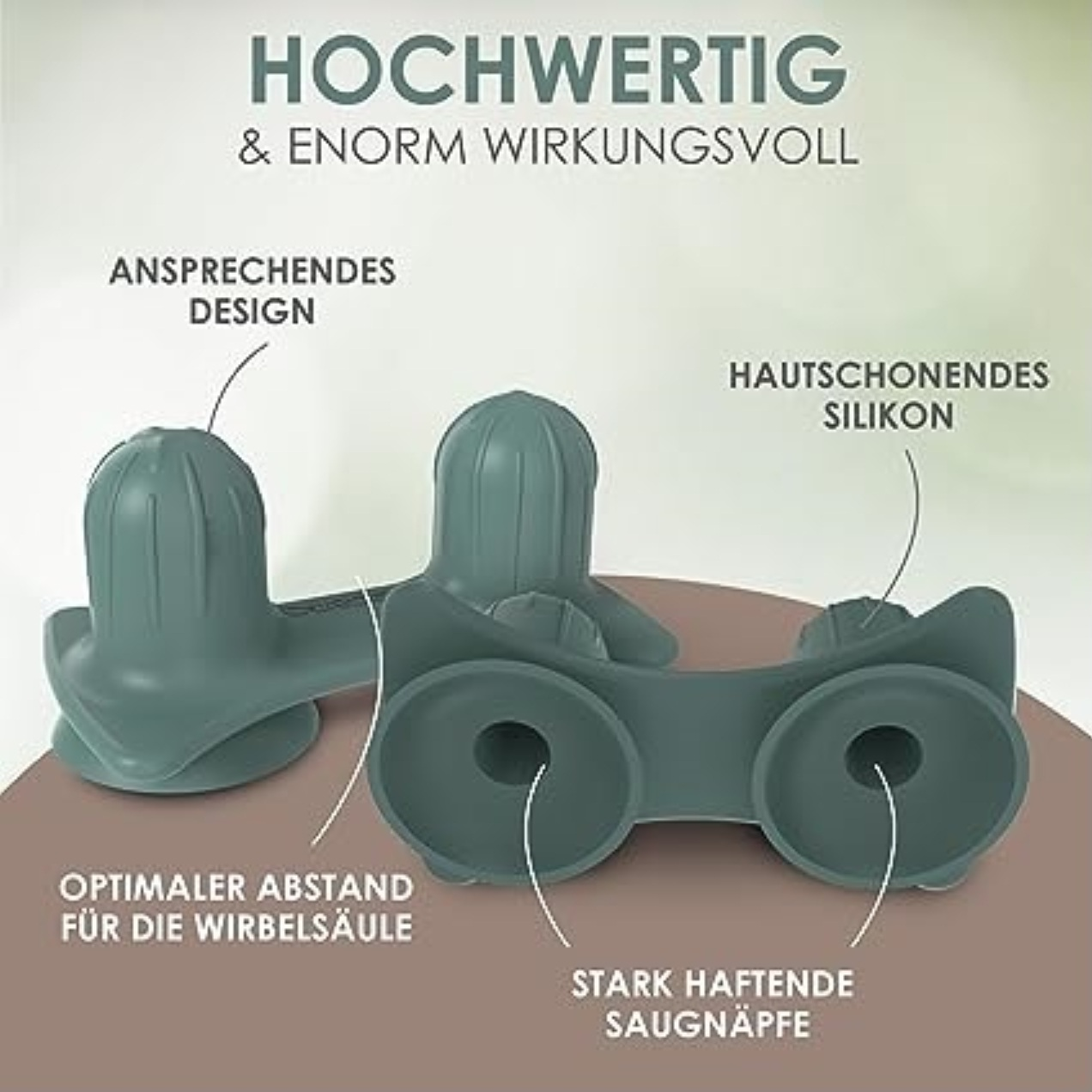 Das Bild zeigt drei teal-farbene Silikonobjekte. Textbezeichnungen beschreiben sie als hautfreundlich, mit optimalem Abstand und starken Saugnäpfen.
