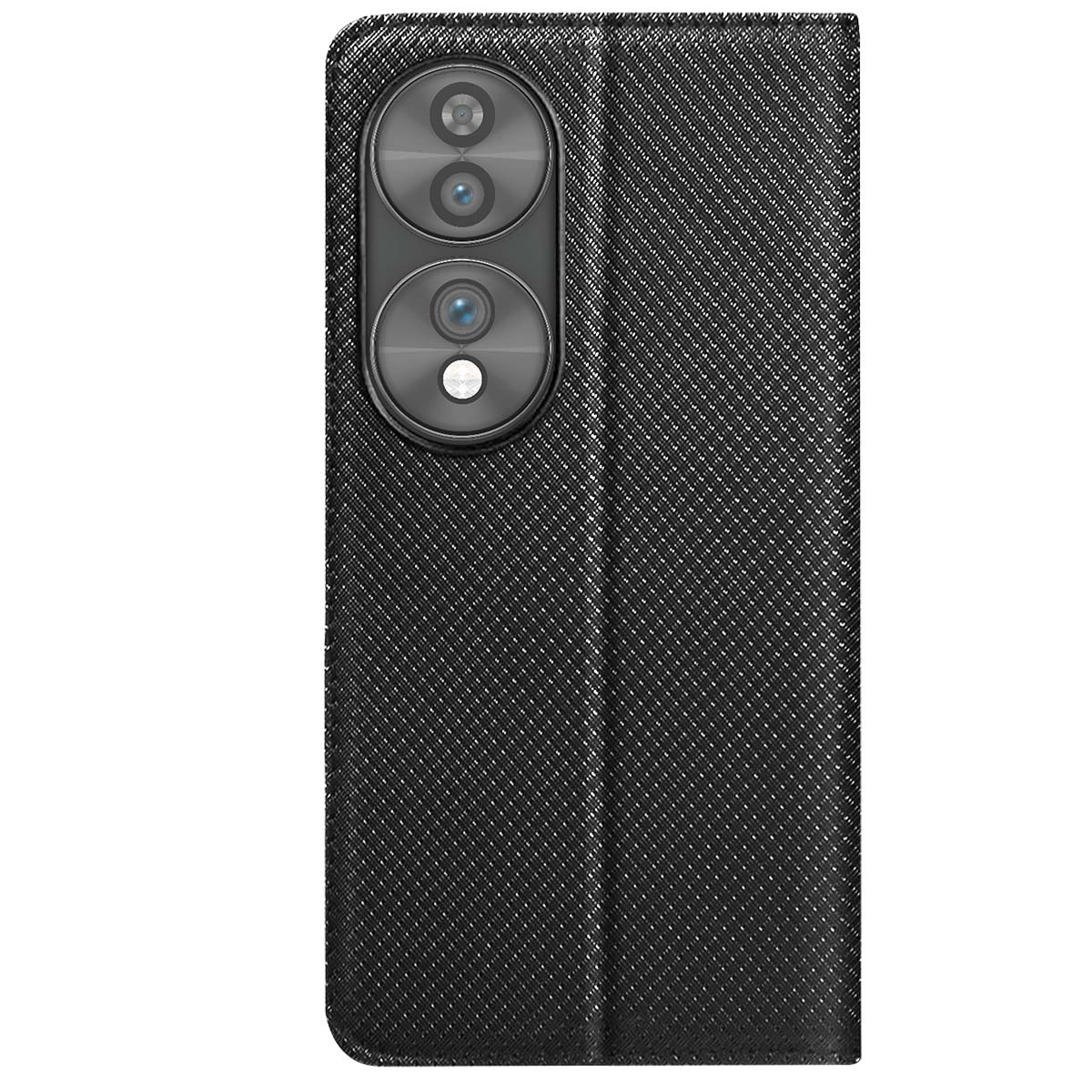 Custodia nera con superficie testurizzata. Due obiettivi della fotocamera visibili. La custodia è chiusa, coprendo il telefono.