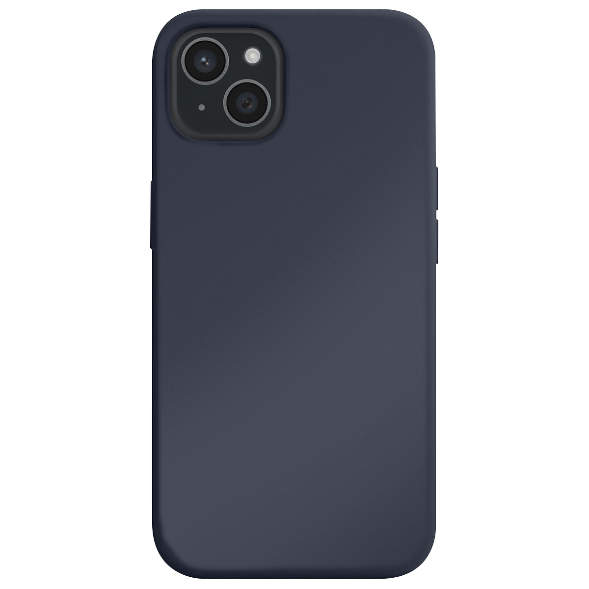 Viene mostrata una custodia per smartphone blu scuro, con un rigonfiamento della fotocamera in alto a sinistra e pulsanti sul lato destro. Lo sfondo è bianco.