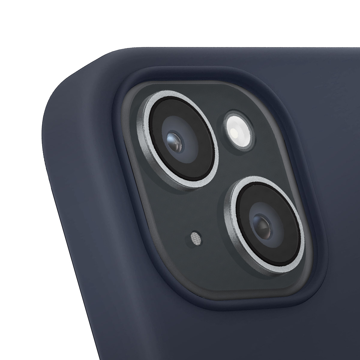 Primo piano di un modulo fotocamera del telefono con tre obiettivi e un flash. La custodia è blu scuro.