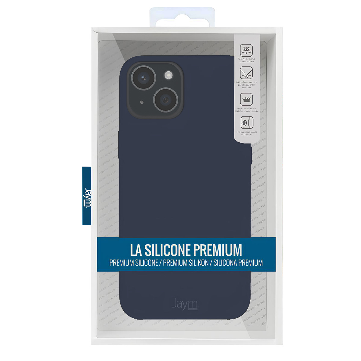 Una custodia per telefono blu navy in una scatola di plastica trasparente. Il testo sulla scatola recita 'LA SILICONE PREMIUM' e presenta il logo Jaym.