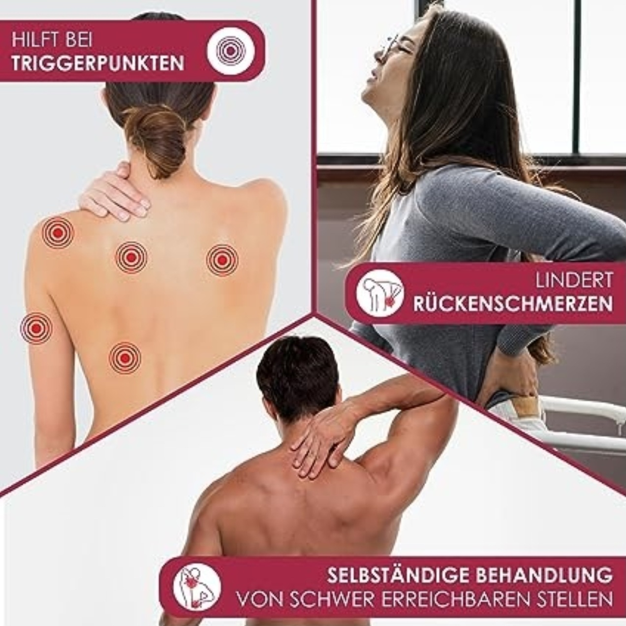 Das Bild zeigt Menschen, die Schmerzen haben. Einer berührt den Nacken, ein anderer den Rücken. Text: Triggerpunkte, Rückenschmerzlinderung, Selbstbehandlung.