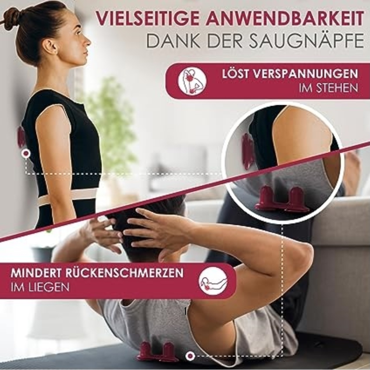 Frau steht an der Wand mit Gerät. Mann macht Crunches mit gleichem Gerät. Texte heben Vorteile hervor.