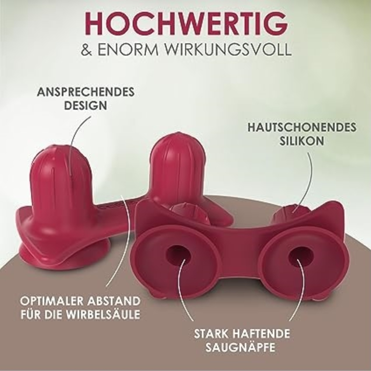 Drei rote Silikonobjekte, beschriftet mit Text, der ihr Design und ihre Eigenschaften beschreibt. Sie haben Saugnäpfe und sind für die Wirbelsäule konzipiert.