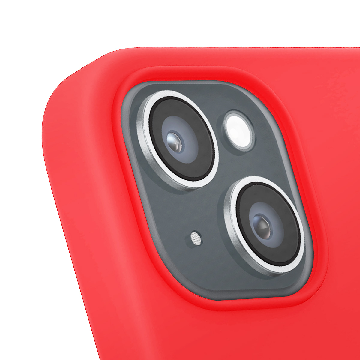 Primo piano di un telefono con custodia rossa. Presenta un modulo fotocamera a tripla lente con flash bianco e un piccolo punto bianco.