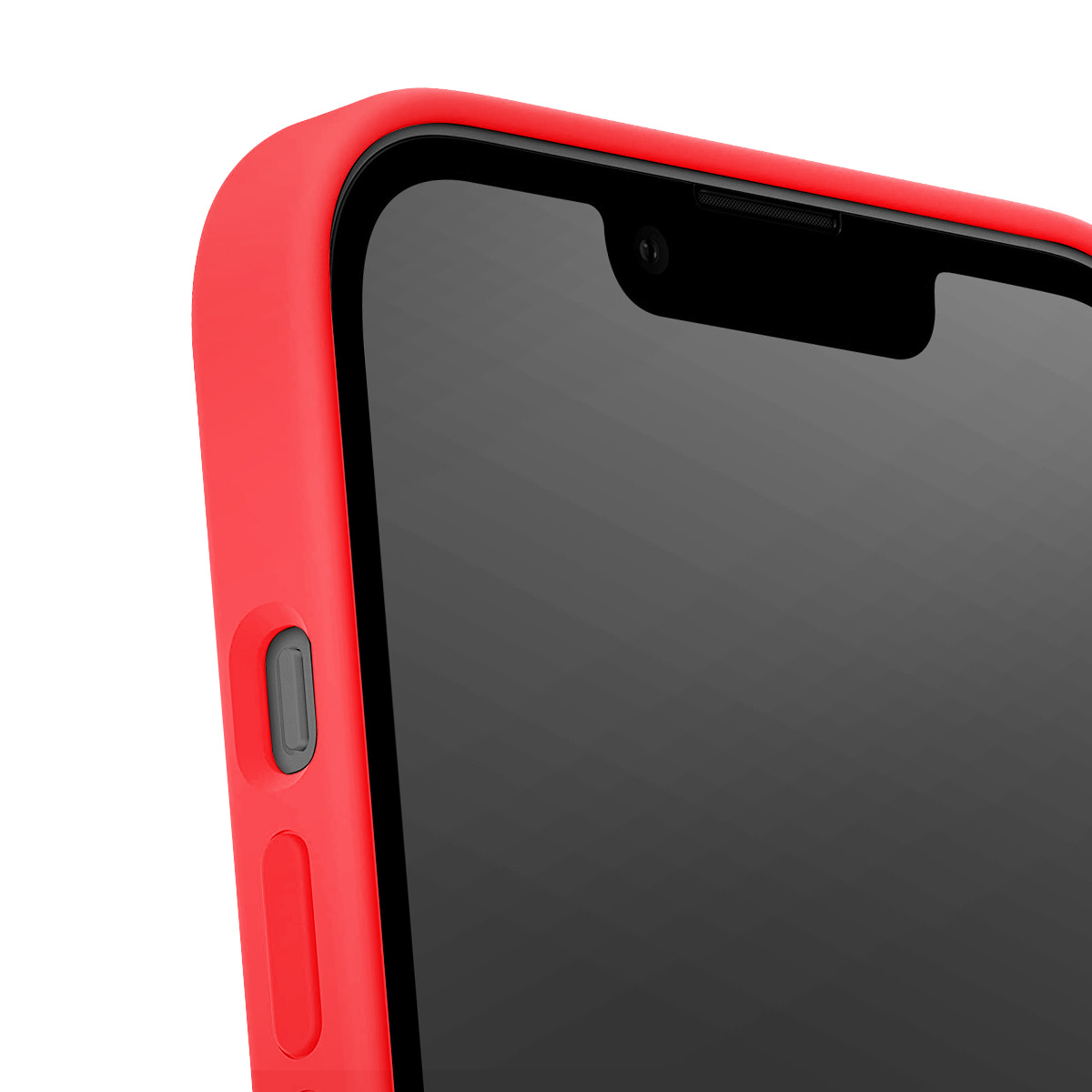 Primo piano di uno smartphone in una custodia rossa. Lo schermo è nero, con fotocamera e altoparlante. La custodia ha ritagli per i pulsanti.