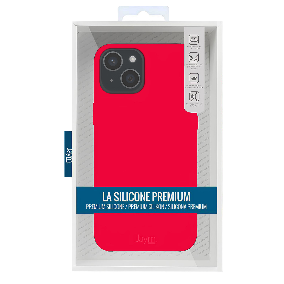 Una custodia in silicone rossa in una confezione trasparente. La custodia è per un iPhone, con il marchio e i dettagli del prodotto visibili.