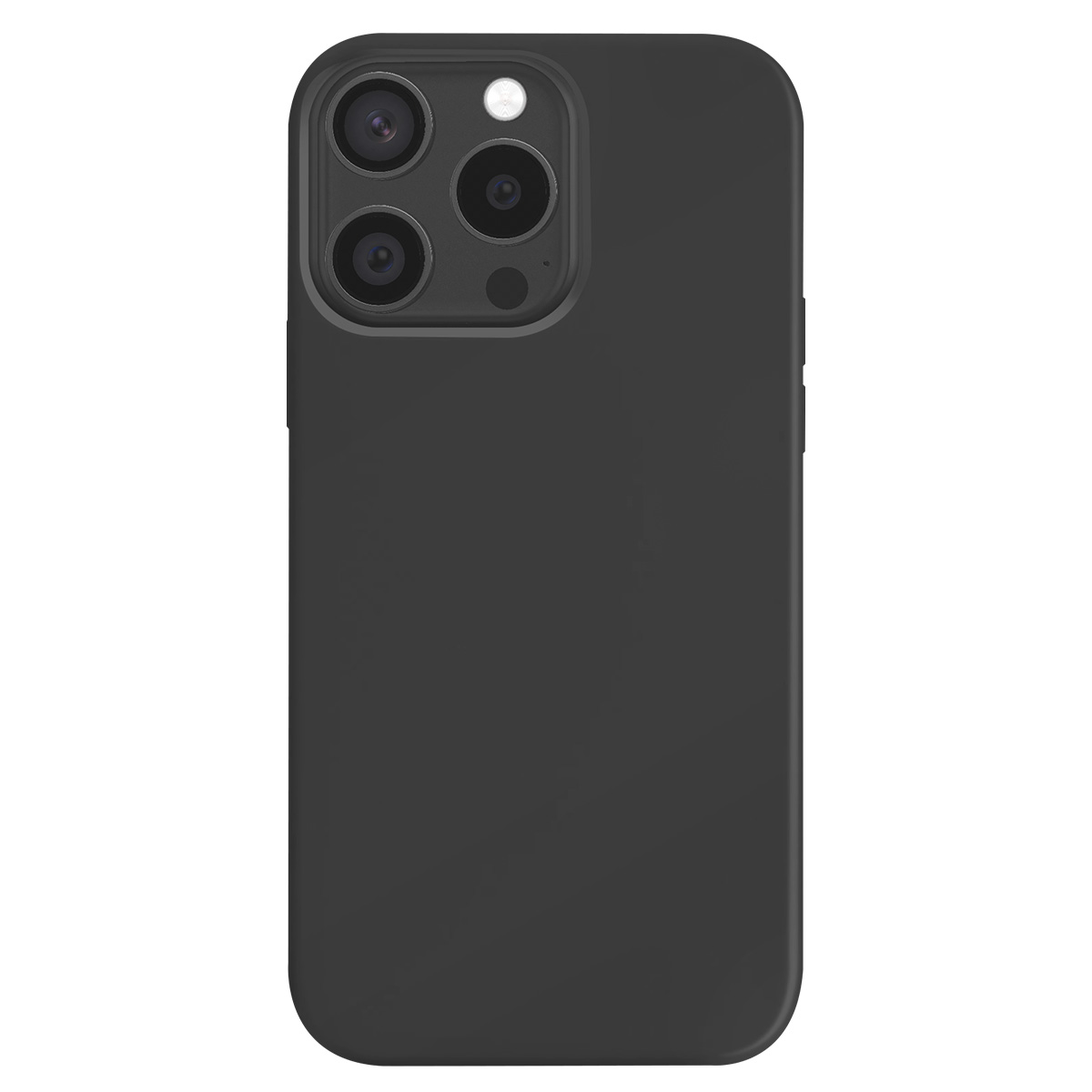 Il retro di uno smartphone nero con tre fotocamere e un flash è mostrato su sfondo bianco.