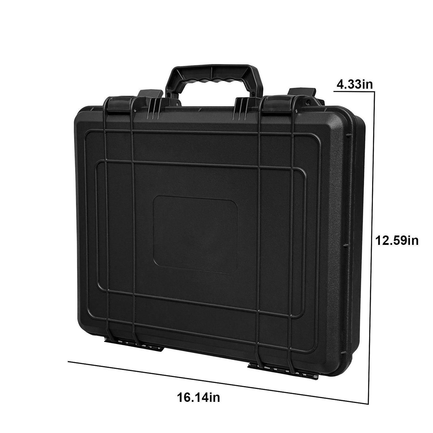 Una valigetta nera rettangolare con maniglia, chiusure e dimensioni di 16,14 pollici x 12,59 pollici x 4,33 pollici.